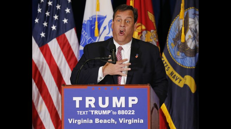 New Jersey Gov. Chris Christie  introduces Republican presidential candidate Donald Trump during a rally in Virginia Beach, Virginia, on Monday, July 11.