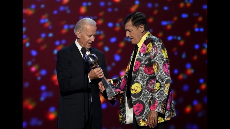 U.S Vice President Joe Biden, left, presents the Jimmy V Award for Perseverance to honoree Craig Sager  during the 2016 ESPYS at the Microsoft Theater in Los Angeles on Wednesday, July 13.