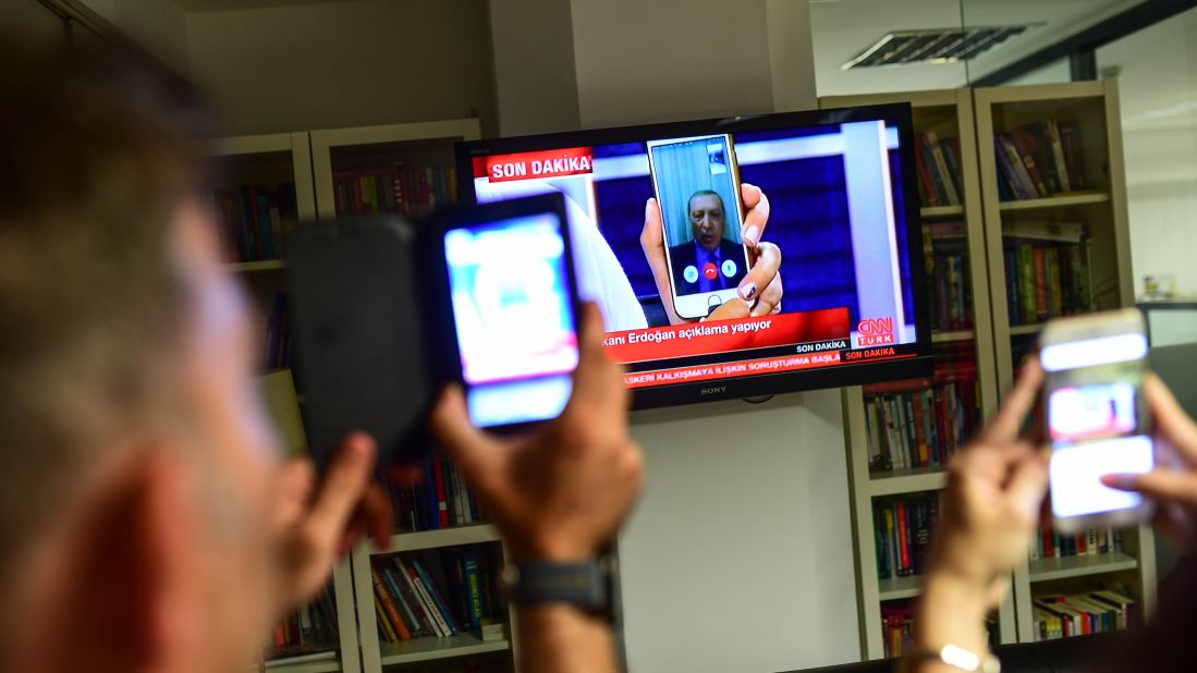 President Recep Tayyip Erdogan speaks on CNN Turk via a FaceTime call in Istanbul after members of the country's military attempted to overthrow the government.