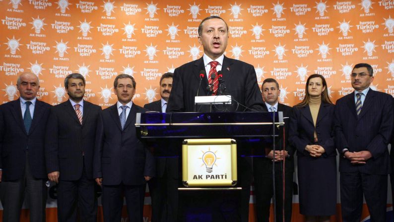 Erdogan addresses the media after a meeting with his deputies at his ruling Justice and Development Party (AK Party) headquarters in Ankara, Turkey, on May 1, 2007. Erdogan unveiled a reform package, including having future presidents elected by popular vote instead of by parliament.