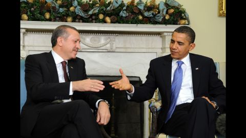 US President Barack Obama shakes hands with Turkish Prime Minister Recep Tayyip Erdogan during a meeting at the White House on December 7, 2009.