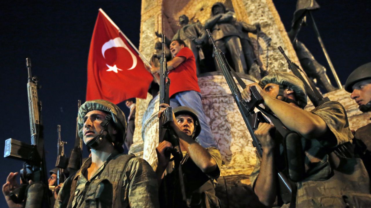 Soldiers secure an area as supporters of Turkish President Recep Tayyip Erdogan protest in Istanbul's Taksim Square.
