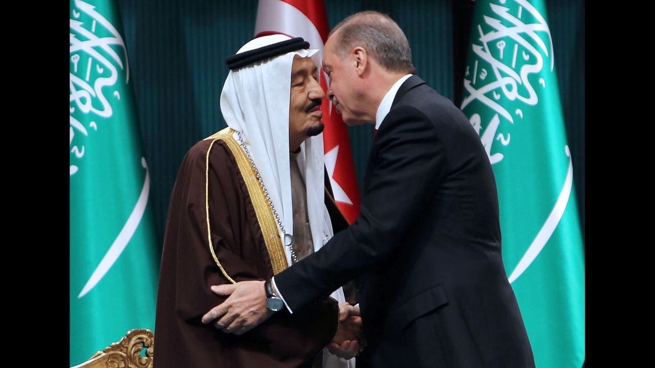 Erdogan, right, shakes hands with King Salman of Saudi Arabia after the Saudi monarch received Turkey's highest state medal during a ceremony at the presidential complex in Ankara, Turkey, on Tuesday, April 12. 