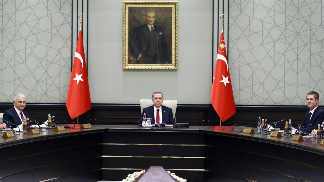 Erdogan, center, chairs the meeting of the 65th Cabinet of Turkey at the presidential complex in Ankara, Turkey, on Wednesday, May 25.