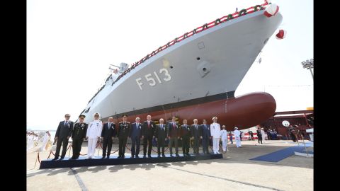 Erdogan, seventh from the left, attends the Kinaliada Corvette Ceremony at Pendik Naval Shipyard in Istanbul on Saturday, June 18.