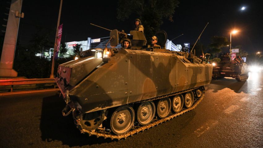 Turkish Armys APC's move in the main streets on July 15, 2016 in Istanbul, Turkey. Istanbul's bridges across the Bosphorus, the strait separating the European and Asian sides of the city, have been closed to traffic. Reports have suggested that a group within Turkey's military have attempted to overthrow the government. Security forces have been called in as Turkey's Prime Minister Binali Yildirim denounced an 'illegal action' by a military 'group', with bridges closed in Istanbul and aircraft flying low over the capital of Ankara.