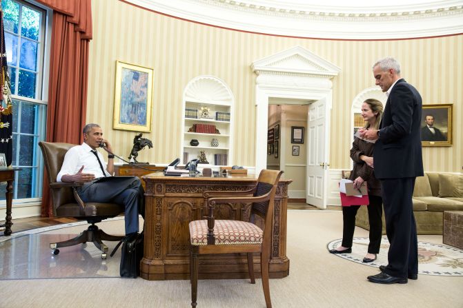 President Barack Obama talks on the phone  with Secretary of State John Kerry regarding <a href="http://edition.cnn.com/2016/07/15/asia/turkey-military-action/index.html" target="_blank">the situation in Turkey</a> on Friday July 15. Chief of Staff Denis McDonough and Avril Haines, deputy national security adviser, listen. 