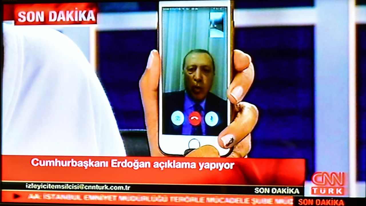 Turkish President Recep Tayyip Erdogan speaks on CnnTurk via FaceTime on July 15 in Istanbul.