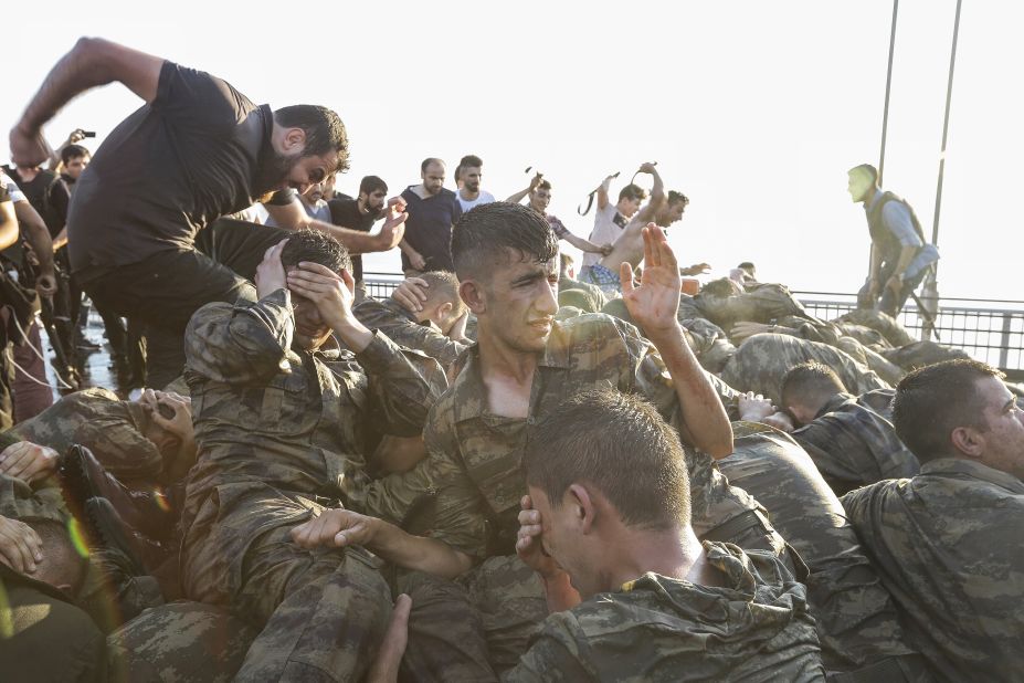 Members of the Turkish military surrender on Istanbul's Bosphorus Bridge on after a failed  coup attempt. 