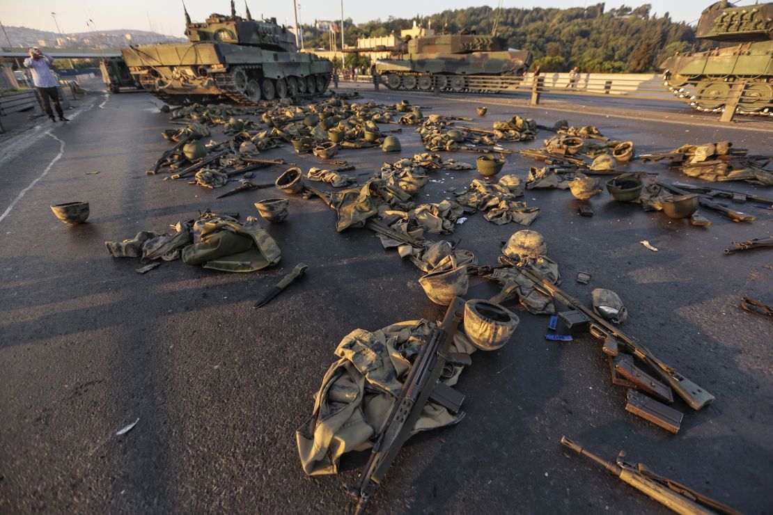 Clothes and weapons beloging to soldiers involved in the coup attempt lie on the ground abandoned on Bosphorus Bridge. 