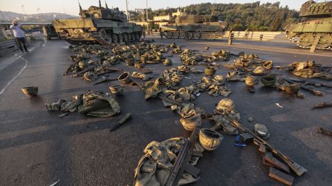 Clothes and weapons beloging to soldiers involved in the coup attempt lie on the ground abandoned on Bosphorus Bridge. 