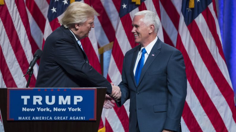 Republican presidential candidate Donald Trump introduces Indiana Gov. Mike Pence during a <a href="http://www.cnn.com/2016/07/16/politics/donald-trump-mike-pence-campaign-trail/index.html" target="_blank">campaign event to announce Pence </a>as his vice presidential running mate on Saturday, July 16, in New York.