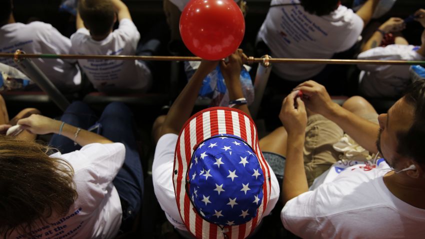 A student inflates one of 125,000 balloons in preparation for the arrival of visitors and delegates for the Republican National Convention on July 15, 2016, in Cleveland, Ohio. / AFP / DOMINICK REUTER        (Photo credit should read DOMINICK REUTER/AFP/Getty Images)