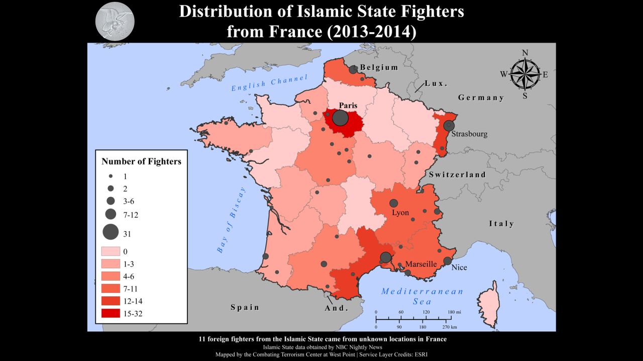 A map from the Combating Terorism Center shows the distribution of French ISIS recruits.