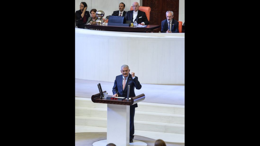 Turkey Prime Minister Binali Yildirim addresses the Turkish Parliament after the failed coup attempt.