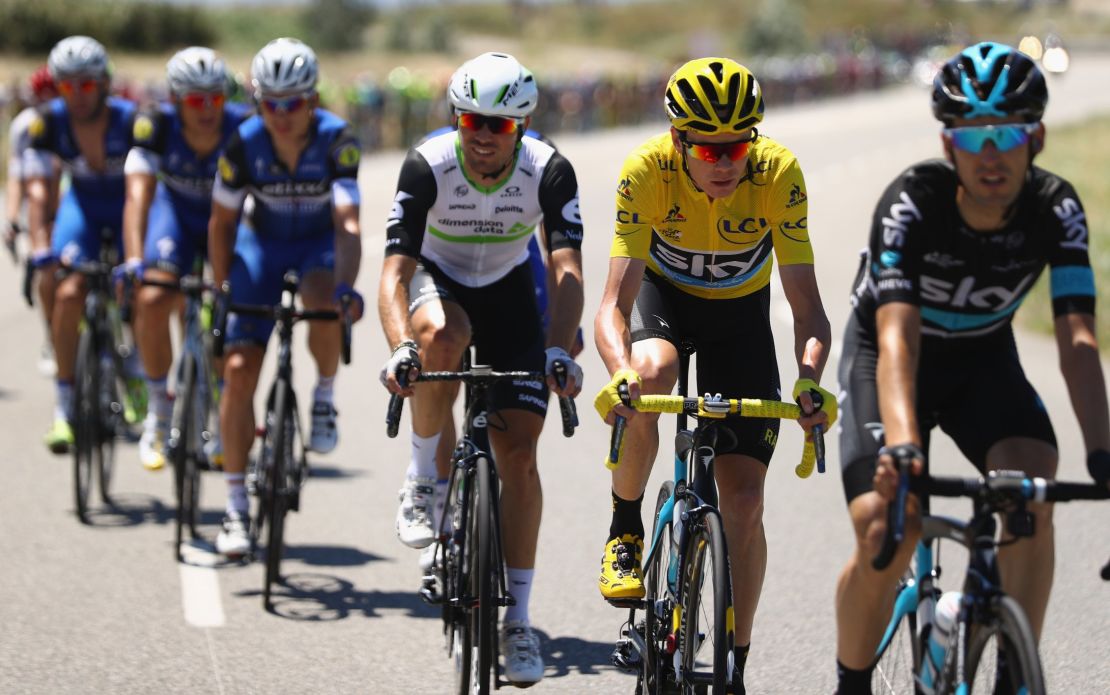 Chris Froome rides in the yellow Jersey for Team Sky during the 14th stage from Montelimar to Villars-les-Dombes Parc des Oiseaux.