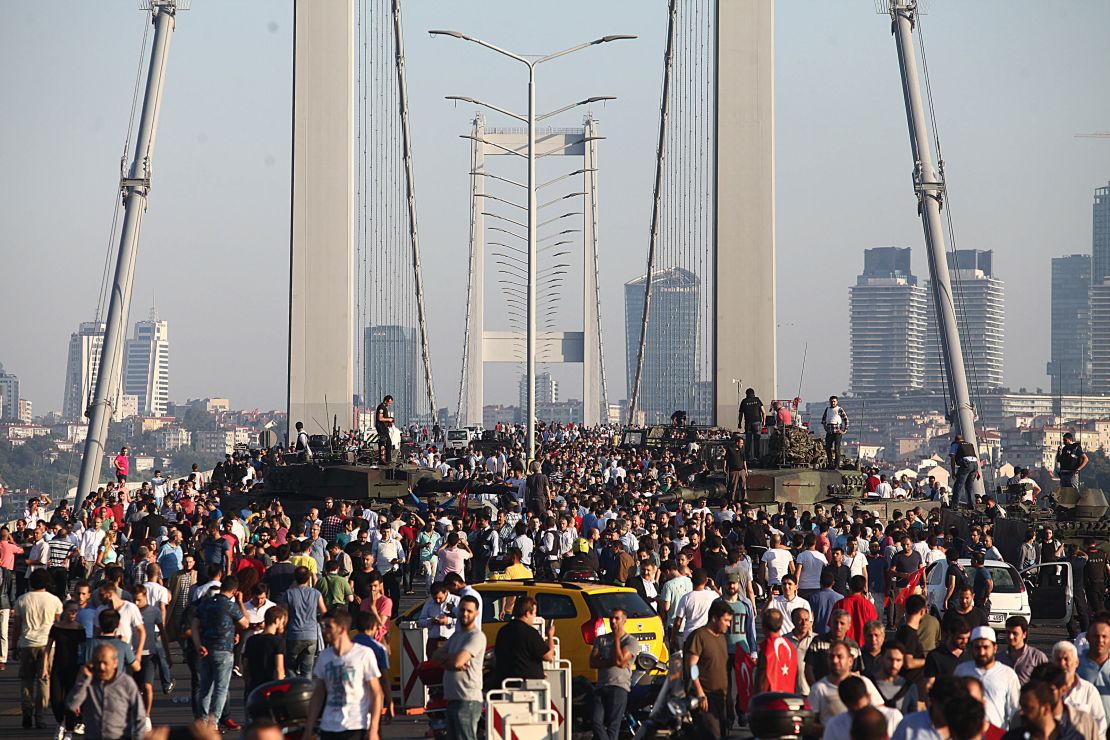 Thousands crowd the Bosphoros bridge in Istanbul after the coup failed. 