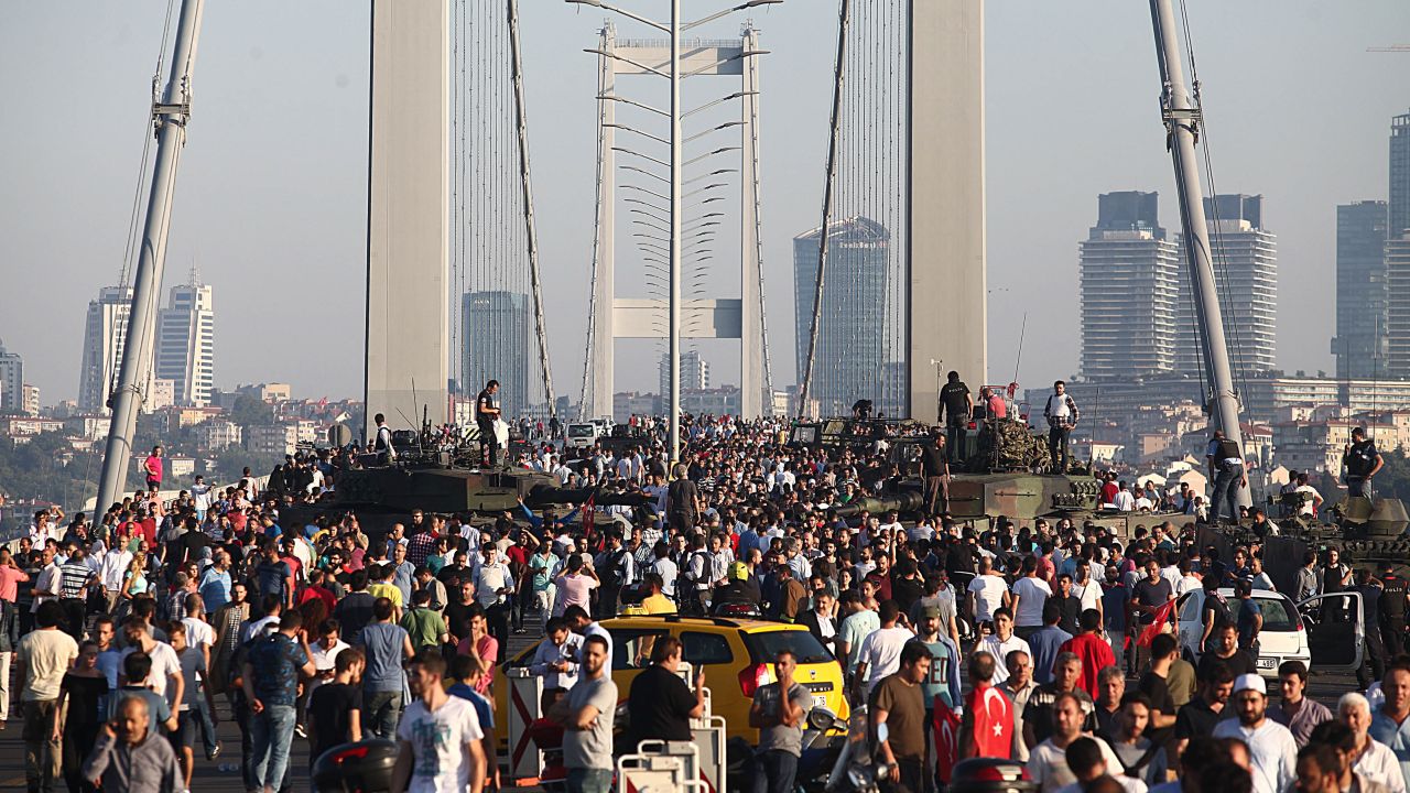 Thousands crowd the Bosphoros bridge in Istanbul after the coup failed.