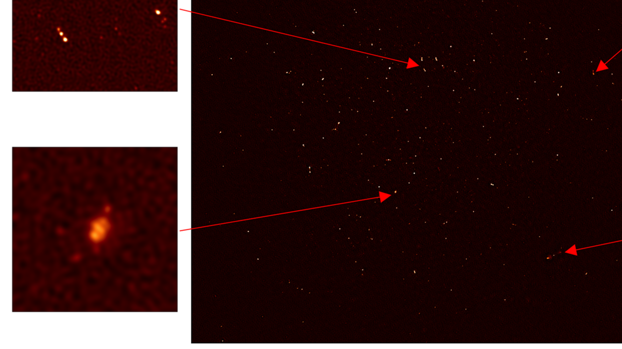 In this image taken by the MeerKAT radio telescope, we see a galaxy approximately 200 million light years away where hydrogen gas is being used up to form stars in large numbers.