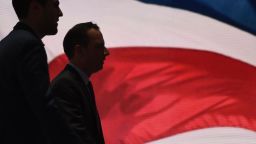 RNC Chairman Reince Priebus,(R)walks on the stage at the Quicken Loans Arena on July 17, 2016, as as preparations continue ahead of the Republican National Convention in Cleveland, Ohio. / AFP / TIMOTHY A. CLARY        (Photo credit should read TIMOTHY A. CLARY/AFP/Getty Images)