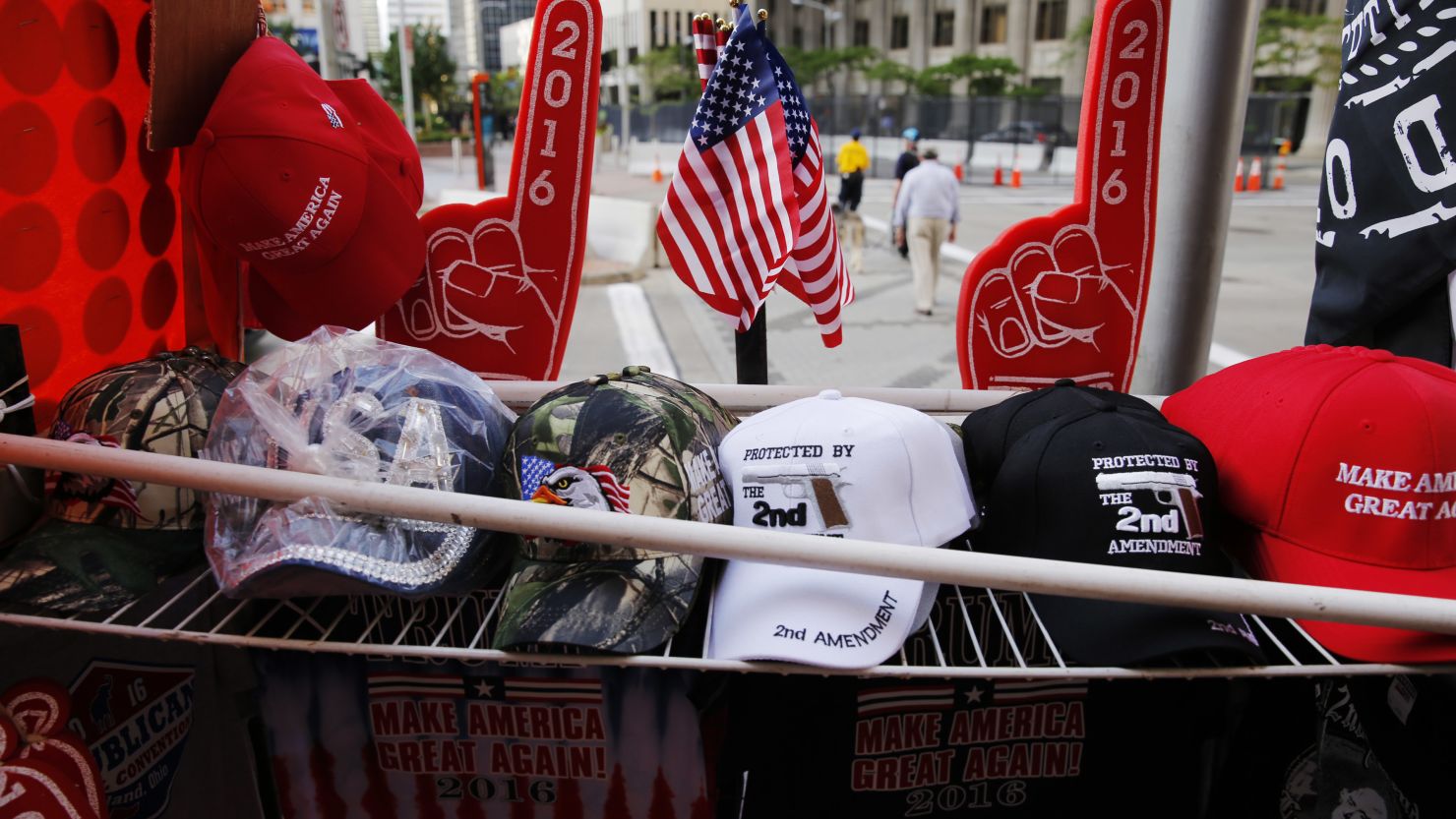Donald Trump souvenirs are seen amid preparations for the arrival of visitors and delegates for the Republican National Convention on July 17, 2016, in Cleveland, Ohio.