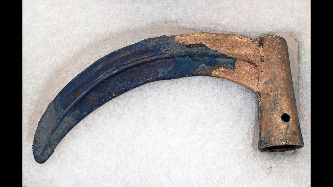 A preserved Bronze-age sickle placed in protective material.