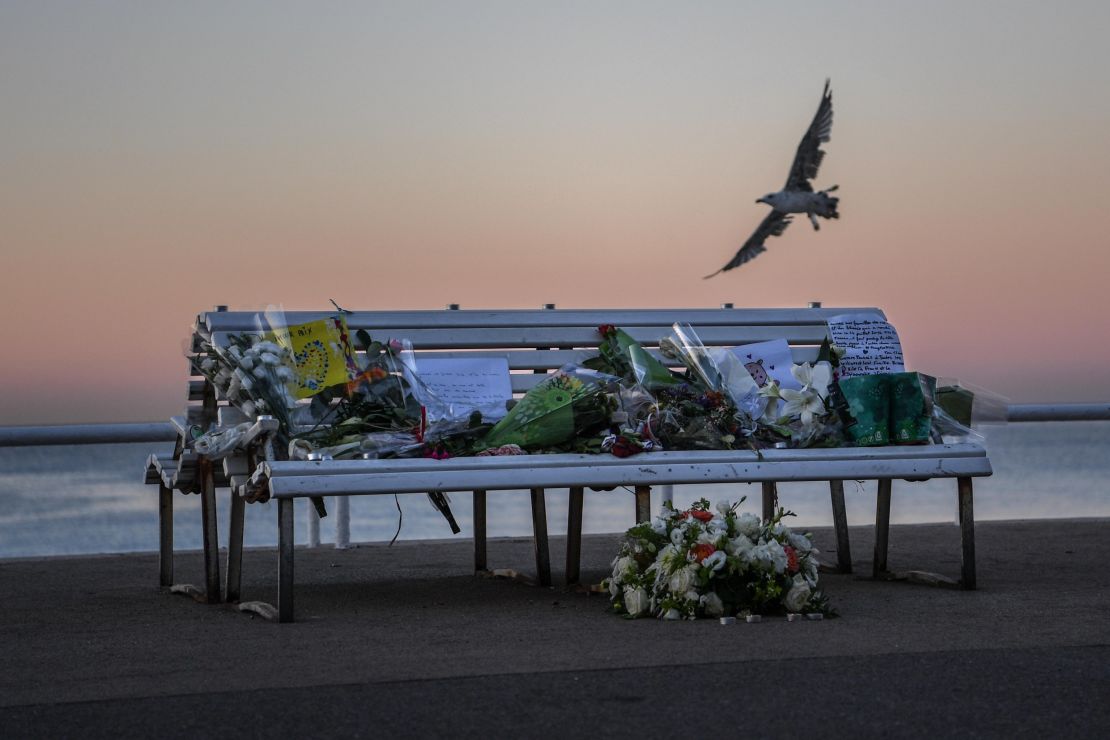 A tribute on a bench honors the victims Sunday on the Promenade des Anglais in Nice.  