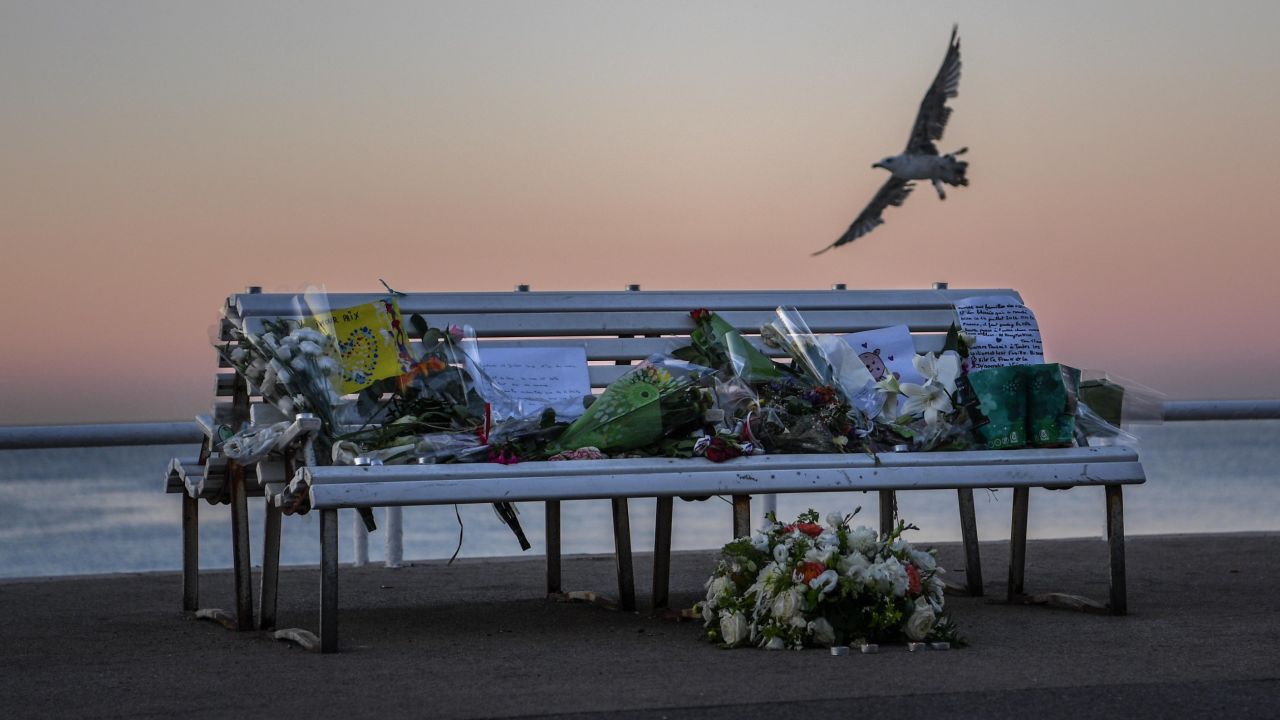 A tribute on a bench honors the victims Sunday on the Promenade des Anglais in Nice.