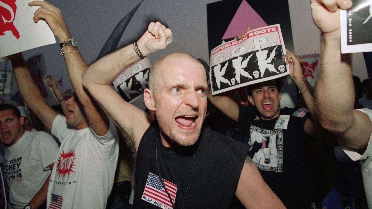 The gay rights movement was almost halted by the AIDS epidemic but it adjusted with a bold and confrontational strategy. A member of the AIDS activist group ACT-UP yells during a protest at the Republican National Convention in 1992.