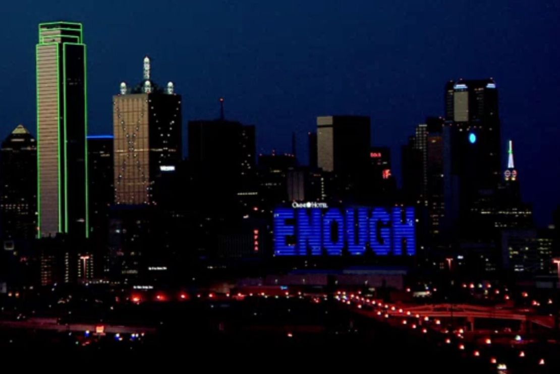 A Dallas hotel displays the words "Enough" after the police attack.