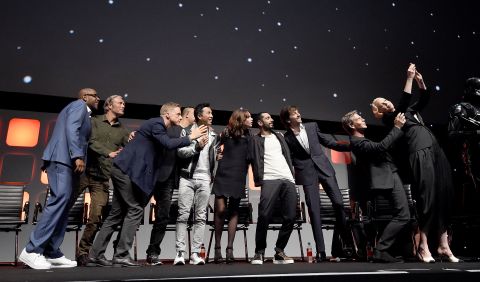 From left, Whitaker, Mikkelsen, Alan Tudyk, Wen, Yen, Jones, Riz Ahmed,  Luna, Mendelsohn and Christie  during the "Rogue One" panel.