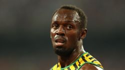 BEIJING, CHINA - AUGUST 29:  Usain Bolt of Jamaica celebrates after crossing the finish line to win gold in the Men's 4x100 Metres Relay final during day eight of the 15th IAAF World Athletics Championships Beijing 2015 at Beijing National Stadium on August 29, 2015 in Beijing, China.  (Photo by Patrick Smith/Getty Images)