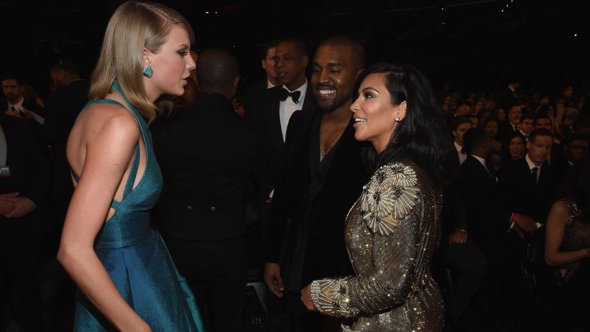 LOS ANGELES, CA - FEBRUARY 08:  (L-R) Recording Artists Taylor Swift, Jay Z and Kanye West and TV personality Kim Kardashian attend The 57th Annual GRAMMY Awards at the STAPLES Center on February 8, 2015 in Los Angeles, California.  (Photo by Larry Busacca/Getty Images for NARAS)