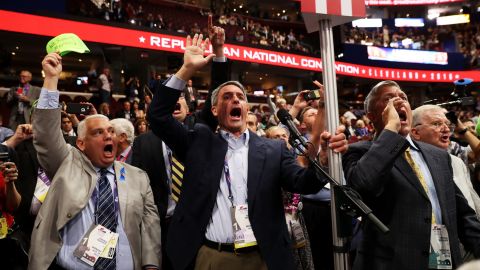 CLEVELAND, OH - JULY 18: Former Virginia Attorney General Ken Cuccinelli (L) along with other delegates from Virginia chant for a rule call vote on the first day of the Republican National Convention on July 18, 2016 at the Quicken Loans Arena in Cleveland, Ohio. An estimated 50,000 people are expected in Cleveland, including hundreds of protesters and members of the media. The four-day Republican National Convention kicks off on July 18. (Photo by John Moore/Getty Images)