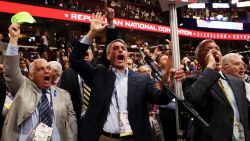 CLEVELAND, OH - JULY 18:  Former Virginia Attorney General Ken Cuccinelli (L) along with other delegates from Virginia chant for a rule call vote on the first day of the Republican National Convention on July 18, 2016 at the Quicken Loans Arena in Cleveland, Ohio. An estimated 50,000 people are expected in Cleveland, including hundreds of protesters and members of the media. The four-day Republican National Convention kicks off on July 18. (Photo by John Moore/Getty Images)
