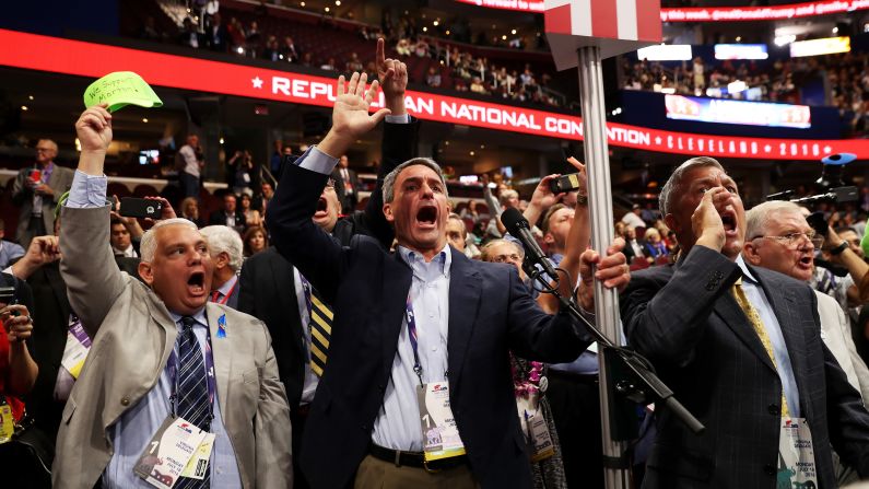 Former Virginia Attorney General Ken Cuccinelli, center, was among the delegates shouting for a roll call vote Monday on the rules of the Republican National Convention. GOP officials <a href="index.php?page=&url=http%3A%2F%2Fwww.cnn.com%2F2016%2F07%2F18%2Fpolitics%2Frnc-procedural-votes-rules-committee%2Findex.html" target="_blank">dismissed the move,</a> saying there were not enough signatures to force a roll call vote. While it's unlikely a roll call vote would have rejected the rules package, it could have been an embarrassing protest vote against Trump and the Republican National Committee.