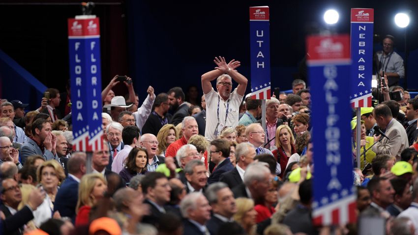Delegates protest onm the floor on the first day of the Republican National Convention on July 18, 2016 at the Quicken Loans Arena in Cleveland, Ohio. An estimated 50,000 people are expected in Cleveland, including hundreds of protesters and members of the media. The four-day Republican National Convention kicks off on July 18.