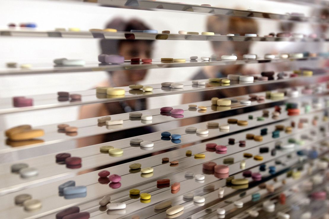 A close up of the thousands of resin pills that make up Damien Hirst's "Standing Alone in the Precipice and Overlooking the Arctic Wastelands of Pure Terror" (1999-2000).