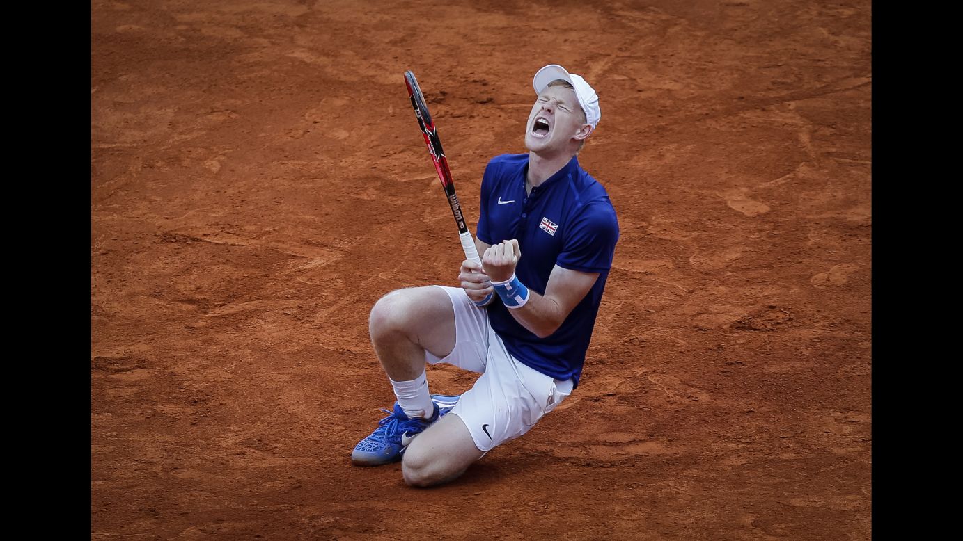 British tennis player Kyle Edmund celebrates his Davis Cup victory over Serbia's Dusan Lajovic on Sunday, July 17. Edmund's win clinched a semifinal spot for Great Britain.