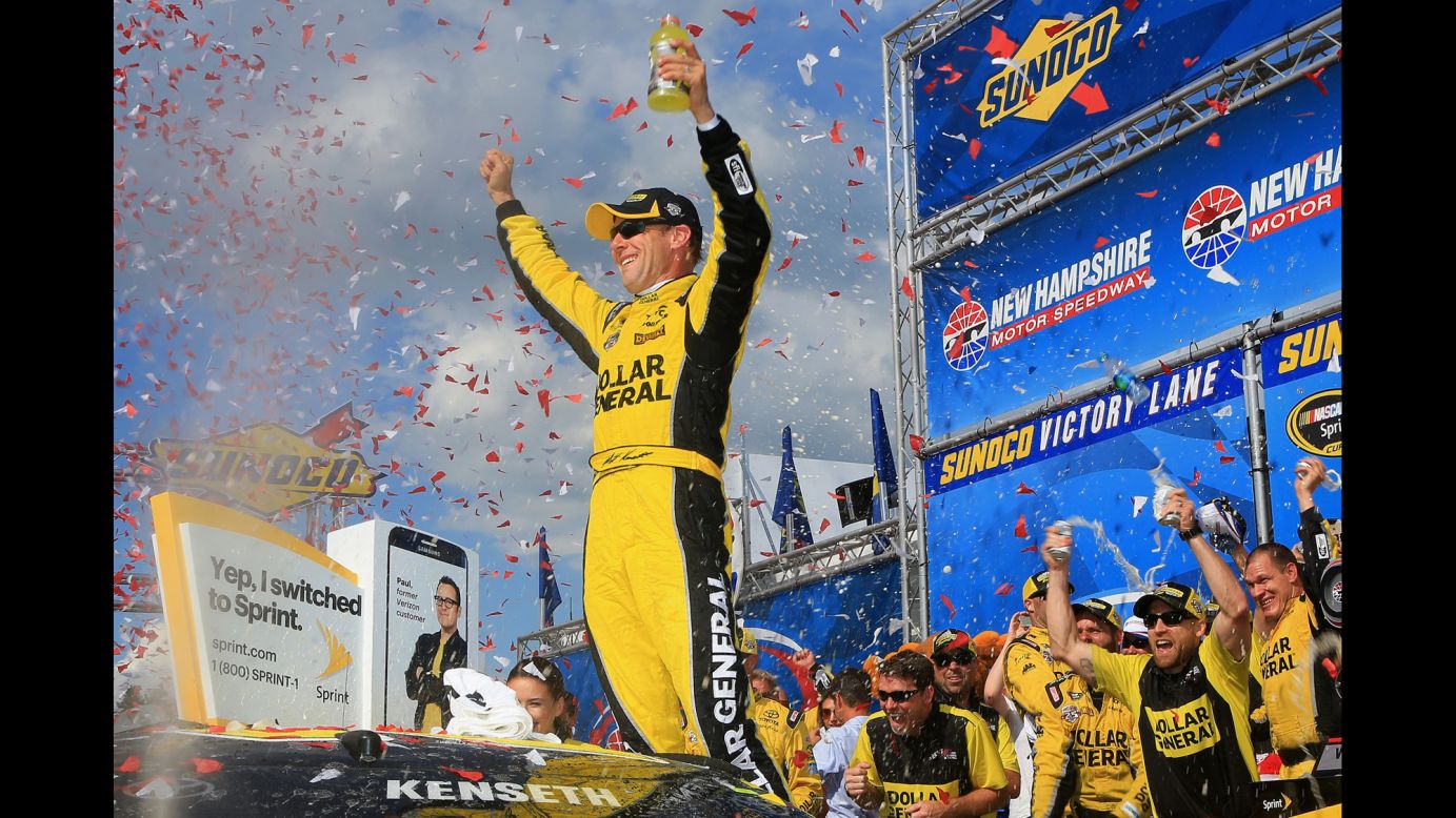Matt Kenseth celebrates in Victory Lane after winning the Sprint Cup race in Loudon, New Hampshire, on Sunday, July 17. It was his second win of the season.