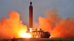 This undated picture released from North Korea's official Korean Central News Agency (KCNA) on June 23, 2016 shows a test launch of the surface-to-surface medium long-range strategic ballistic missile Hwasong-10 at an undisclosed location in North Korea.
The Musudan -- also known as the Hwasong-10 -- has a theoretical range of anywhere between 2,500 and 4,000 kilometres (1,550 to 2,500 miles).