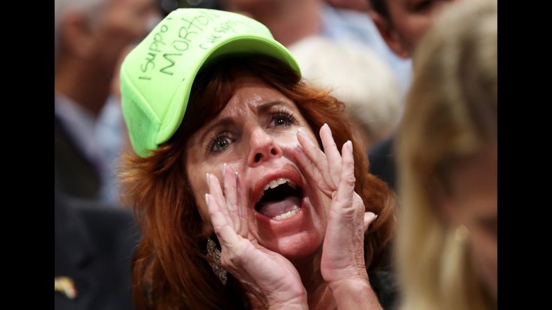 Virginia delegate Waverly Woods protests on the floor of the convention.