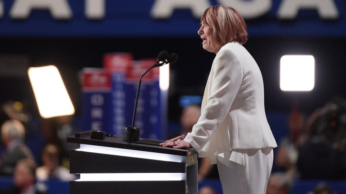 Pat Smith, mother of Sean Smith, one of the four Americans killed in the September 11, 2012 terror attack on the U.S. Consulate in Benghazi, Libya, delivers a speech on the first day of the Republican National Convention on July 18, 2016 in Cleveland, Ohio.