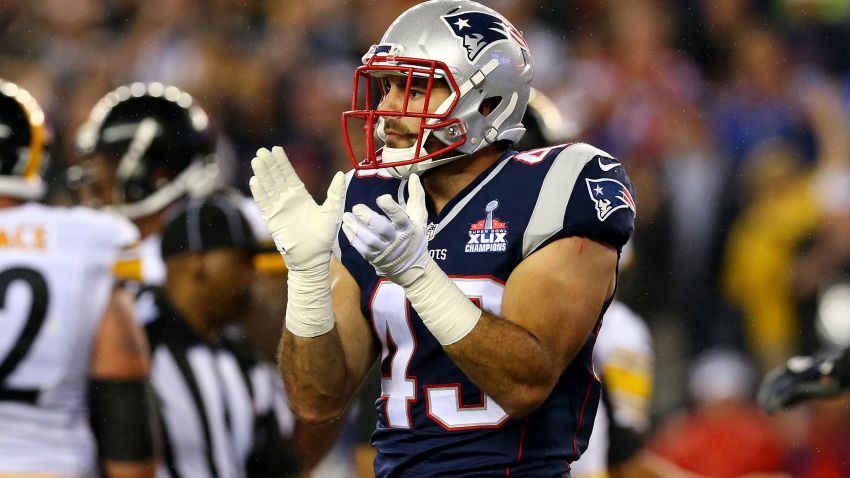 FOXBORO, MA - SEPTEMBER 10:  Nate Ebner #43 of the New England Patriots reacts after a play against the Pittsburgh Steelers at Gillette Stadium on September 10, 2015 in Foxboro, Massachusetts.  (Photo by Maddie Meyer/Getty Images)