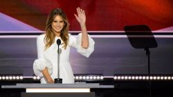 Melania Trump, wife of presumptive Republican presidential candidate Donald Trump, addresses delegates on the first day of the Republican National Convention on July 18, 2016 at Quicken Loans Arena in Cleveland, Ohio.
The Republican Party opened its national convention, kicking off a four-day political jamboree that will anoint billionaire Donald Trump as its presidential nominee.  / AFP / Robyn BECK        (Photo credit should read ROBYN BECK/AFP/Getty Images)