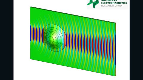Here, the "surface wave cloak" has been applied to the object and there is no interaction between the electromagnetic wave and the object. The cloak hides the object that would ordinarily have caused the electromagnetic wave to be scattered.