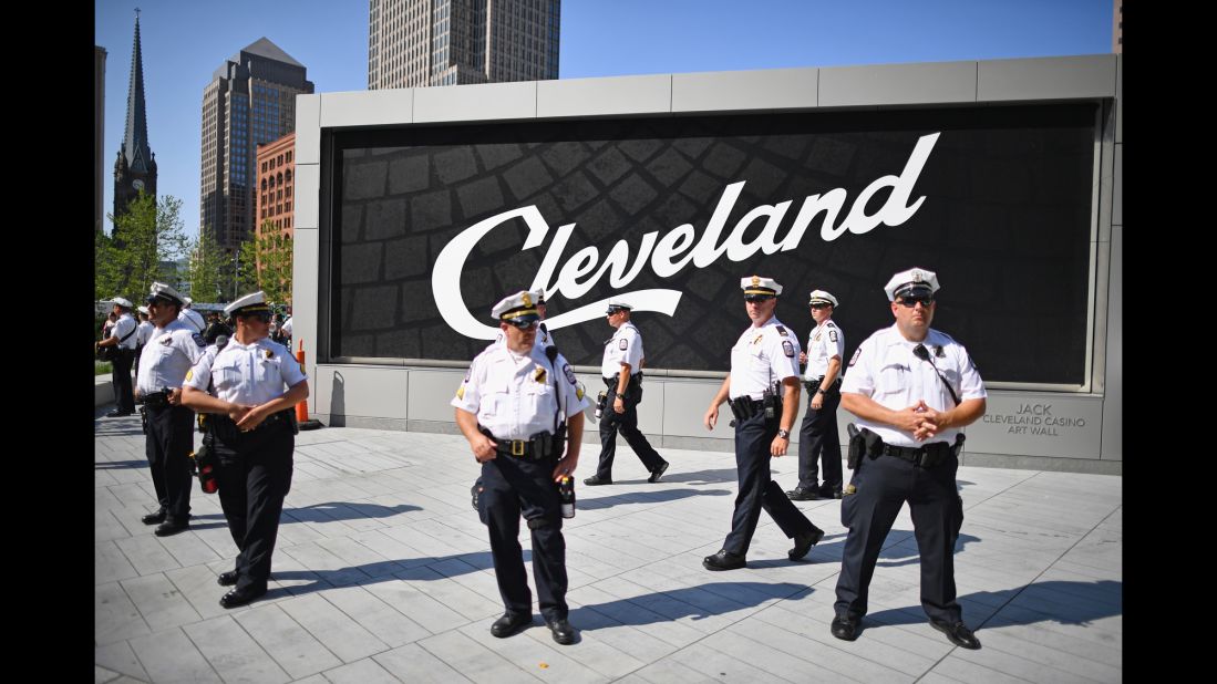 Police gather in downtown Cleveland on Tuesday.