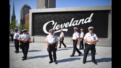 CLEVELAND, OH - JULY 18: Poice gather in downtown Cleveland on the second day of the Republican National Convention (RNC) on July 19, 2016 in Cleveland, Ohio. Many people have stayed away from downtown due to road closures and the fear of violence. An estimated 50,000 people are expected in Cleveland, including hundreds of protesters and members of the media. (Photo by Jeff J Mitchell/Getty Images)
