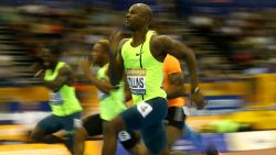 BIRMINGHAM, ENGLAND - FEBRUARY 21:  Kim Collins of St Kitts & Nevis runs in the 60m heats during the Sainsbury's Indoor Grand Prix at the Barclaycard Arena on February 21, 2015 in 