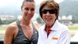RIO DE JANEIRO, BRAZIL - FEBRUARY 16: Former WTA Tour player Flavia Pennetta of Italy poses with International Tennis Hall of Fame member Maria Bueno of Brazil during the Rio Open at Jockey Club Brasileiro on February 16, 2016 in Rio de Janeiro, Brazil.  (Photo by Matthew Stockman/Getty Images)
